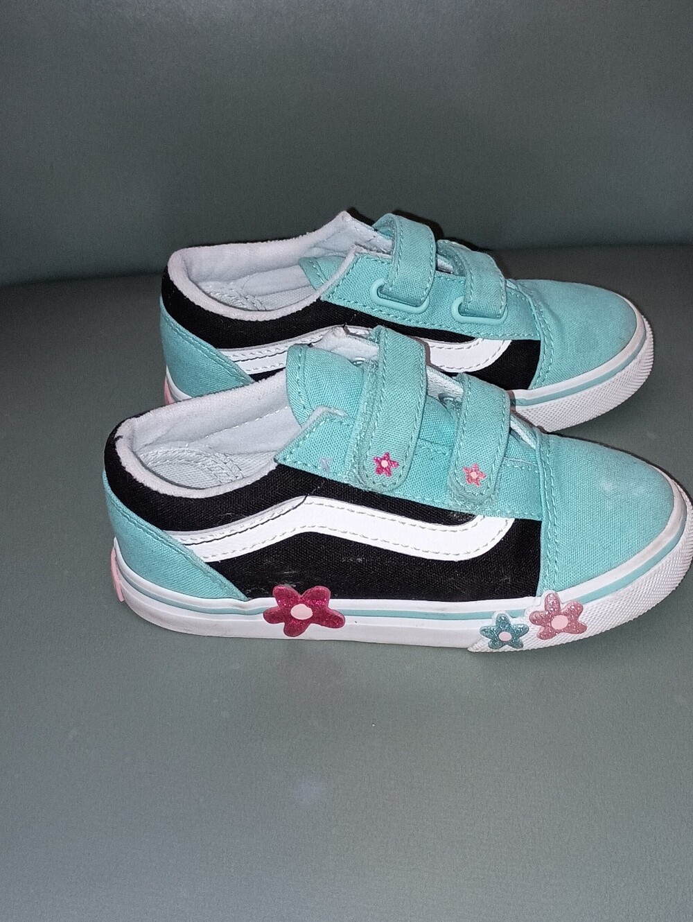 Vans Kids Teal Black Floral Sneakers Girls Size Toddler 9.5